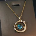 Golden Saturn planet pendant necklace with blue galaxy center and sparkling crystals - 186#xl 2022-1 Gold
