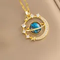 Gold stainless steel necklace with blue Saturn planet and sparkling crystal star pendant - 188#xl2022-3 Gold Lip Chain