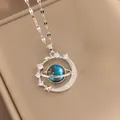 Elegant silver-toned celestial necklace with a blue planet pendant and crystals - 189#xl2022-4 Silver Lip Chain