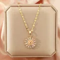 Elegant gold stainless steel necklace featuring a dainty pink floral pendant for women - 190#XL1470-016