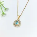 Elegant gold stainless steel necklace featuring a teardrop blue crystal halo pendant - 196#XL1200-408