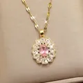 Elegant gold plated stainless steel necklace featuring a vibrant pink flower pendant variant - 215#XL1470-014