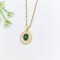 Elegant gold chain necklace featuring a green oval stone pendant with clear marquise gems - 219#XL1200-290