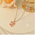 Pink four-leaf clover pendant necklace in gold-tone stainless steel for women. - 110#XL1347-02