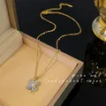 Elegant gold stainless steel chain necklace featuring a light blue four-leaf clover pendant - 113#XL1347-05