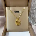 Gold stainless steel necklace featuring a circular pendant with 'Fu' character and crystals. - 120#xl1351 - Fu (福) Character Necklace