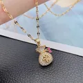 Gold tone stainless steel necklace with sparkling crystal encrusted lucky bag pendant - 121#xl1353-1 Full Diamond Lucky Bag Lip Necklace