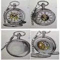 Vintage silver engraved mechanical pocket watch with double cover and hollow design - Double Open Manual Picture Style / Silver