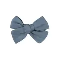 High-detail macro view of a dusty blue handmade linen fabric bow hair clip for girls - Grey Blue Cotton Linen Bowknot