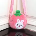 Cute pink strawberry plush crossbody bag for kids featuring a white rabbit embroidery - Rabbit