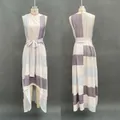 Detailed front and back view of a sleeveless striped maxi dress with a waist tie belt - S / Gray