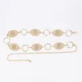 Elegant gold metal waist chain with pearl and rhinestone accents in vintage bohemian style. - Hollow Oval & Artificial Pearl Waist Chain (Gold)