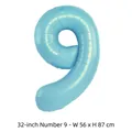 Grand ballon en aluminium bleu clair de 32 pouces numéro 9 pour décoration d'anniversaire - Chiffre 9 / 32 Pouces (50 Pièces/Paquet) / Bleu
