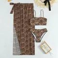 Tiger print 3-piece swimwear set with bikini top, bottom and matching mesh cover-up skirt - S / Brown