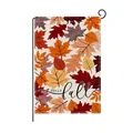 Autumn harvest garden flag featuring maple leaves and 'HELLO fall' message on linen - Hello Fall Leaves Style (HYQ210-5)