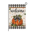 Autumn garden flag with pumpkin, checkered bow, and welcome text for Thanksgiving decor - Black and White Plaid Pumpkin Style (HYQ210-6)