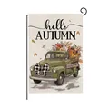Hello Autumn garden flag featuring a vintage green truck with harvest pumpkins and sunflowers - Vintage Harvest Truck Style (HYQ210-9)