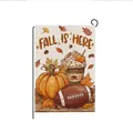 Autumn harvest garden flag featuring pumpkin, football and decorative 'Fall is Here' text - Fall Drink and Football Style (HYQ210-10)