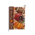 Decorative fall garden flag featuring a football helmet pumpkin and autumn leaves - Welcome Football and Pumpkin Style (HYQ210-11)