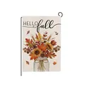 Thanksgiving garden flag featuring a harvest flower jar and Hello Fall text design - Hello Fall Flowers Jar Style (HYQ210-13)