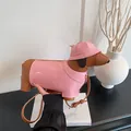 Creative dachshund dog shaped crossbody bag in pink and brown textured faux leather - Pink