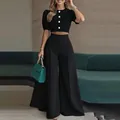 Ensemble deux pièces noir élégant avec crop top à boutons et pantalon large à taille haute - S / Haut Et Bas / Noir