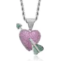Collier style hip-hop avec pendentif cœur serti de zircons roses et verts micro-pavés - (Style 5) Argent + 60cm Chaîne Corde