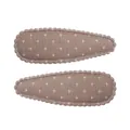 Pair of taupe fabric snap hair clips with white cross embroidery and scalloped edges. - Khaki Patterned (17)