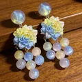 Vintage colorful iridescent bead flower earrings with yellow and blue gradient design - 2606163 Gradient Flower Beaded Tassel Earrings