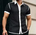 Men's black polka dot short sleeve shirt with white contrast collar and cuffs - S / Tops / Black (CSDX49)