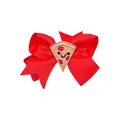 Red grosgrain ribbon bow hair clip with a cute embroidered pizza patch for kids - - / Red Pizza (MC058)
