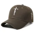 Olive brown baseball cap with white embroidered faith cross design for sun protection - Adjustable / Army Green With White Embroidery