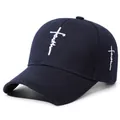 High-quality navy blue baseball cap featuring white faith cross script embroidery on front - Adjustable / Navy Blue With White Embroidery