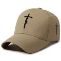 Khaki embroidered baseball cap featuring a black faith cross design for sun protection - Adjustable / Khaki With Black Embroidery