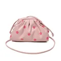 Pink pleated dumpling crossbody bag with red polka dots and adjustable shoulder strap. - Pleated Polka Dot Style / Pink