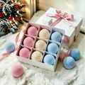 Pastel PET flocked Christmas ball set in a luxury white 9-grid gift box for holiday decor - 9 Pcs / 8cm / Blue Pink Yellow