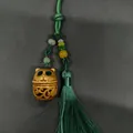 Exquisite hand-carved green sandalwood hollow cat sachet pendant with elegant green silk tassel - Lucky Tiger Style (27) / Without Aroma Pills (Approx. 3x2.3cm) / Sandalwood Color