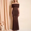 Sexy ruched off-shoulder brown mesh patchwork slim fit long evening maxi dress - Brown