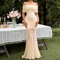Elegant off-shoulder cream pleated maxi dress with mesh hem detail for special events - Apricot