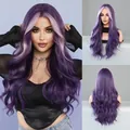 Professional long wavy purple synthetic wig featuring lavender highlights and middle part - 65cm / Purple Highlight (MW9077-2)