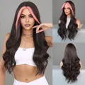 Long wavy dark brown synthetic wig with pink front highlights for women - 65cm / Brown with Pink (MW9077-3)