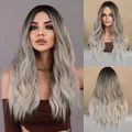 Professional long wavy ombre grey middle part synthetic wig for women, stylish wave look - 60CM / Ombre Grey (MW9063-1)