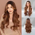 Long wavy brown synthetic wig with blonde highlights and middle part for women SKU - 68CM / Dark Brown Highlight Gold (MW9161-1)