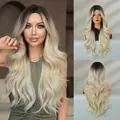 Long wavy ombre blonde synthetic wig with a middle part and dark roots for women - 72cm / Ombre Beige Blonde (MW9253-1)
