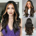 Long wavy synthetic wig with middle part honey blonde front highlights black base - 60CM / Black Gold Highlight (MW9133-1)