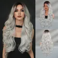Long wavy silver white wig with dark roots middle part curly hairstyle for women - 71CM / Ombre Silver White (MW9228-1)