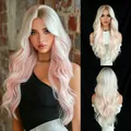 Long wavy platinum blonde and pink gradient synthetic wig with middle part for women - 74cm / Platinum Pink Ombre (MW9243-2)