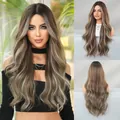 Long wavy synthetic wig with ombre highlights and middle part for women - 71CM / Dark Brown Golden Highlight (MW9182-1)