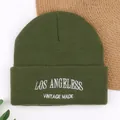 Olive green knitted beanie with white Los Angeles embroidery for autumn and winter - Green