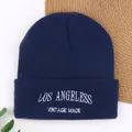 Navy blue knitted cuffed beanie hat with white LOS ANGELESS embroidery for outdoor winter warmth. - Navy Blue
